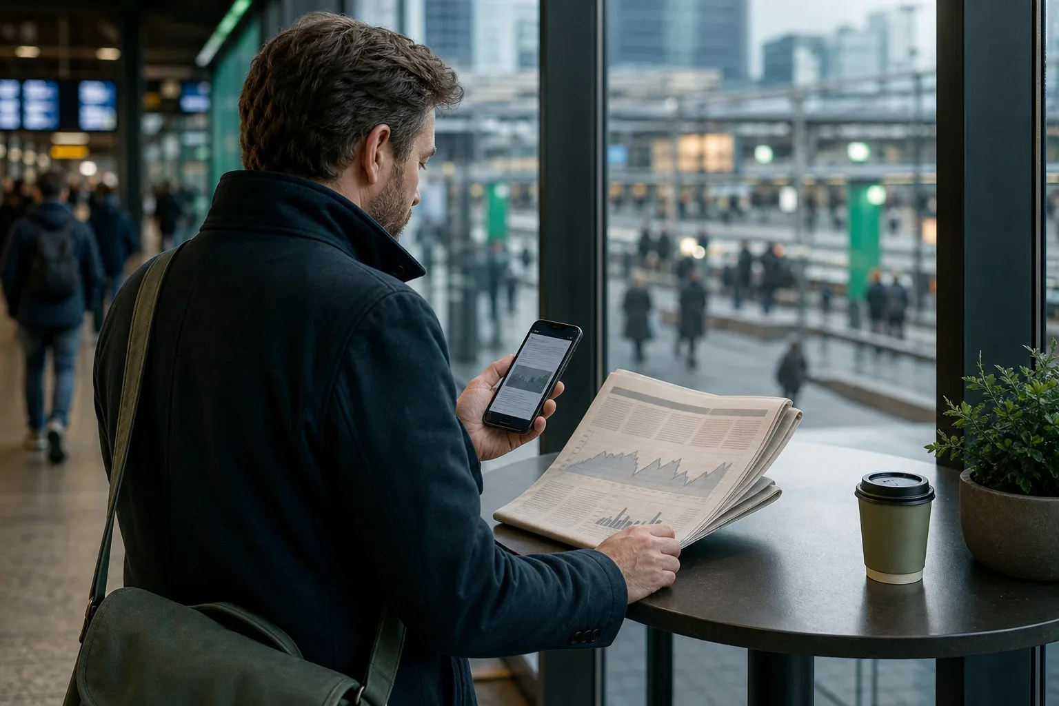 Beleggingsnieuws en bewegingen op de markt: Een volwassen reiziger staat alleen in driekwart achteraanzicht bij de statafel. Een smartphone ligt los in één hand en een opgevouwen papieren krant zonder leesbare inhoud rust op; De reiziger pa