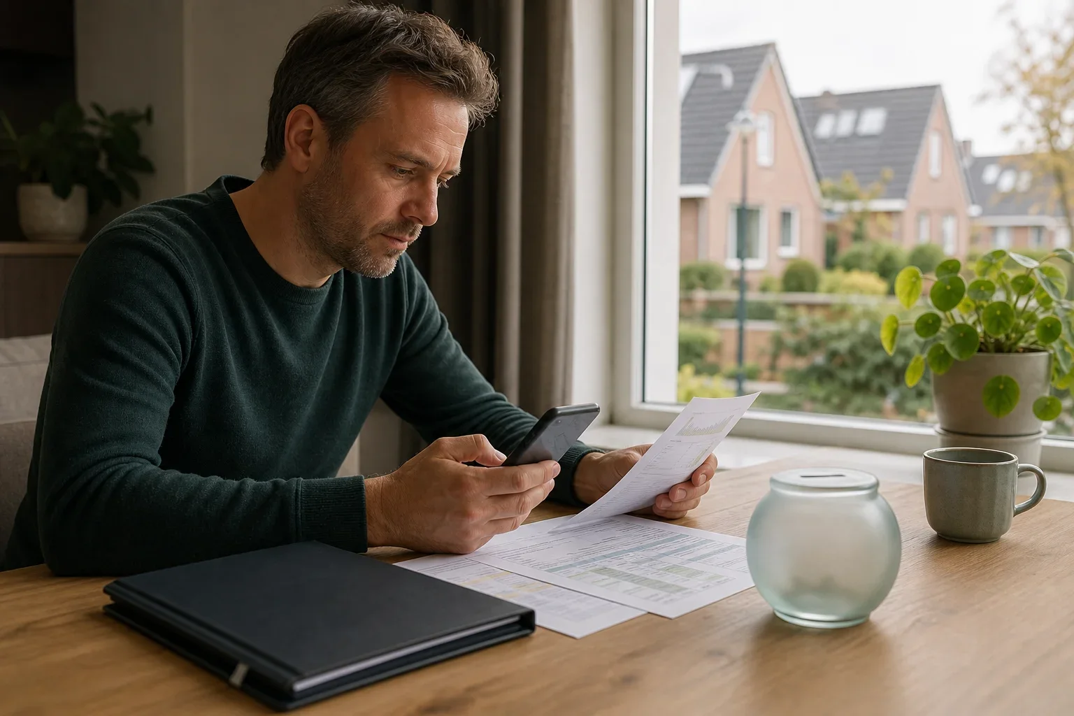 Renteontwikkeling Nederland en de gevolgen voor huishoudens: Een volwassen huiseigenaar zit alleen aan de lange zijde van de tafel, in driekwartprofiel. Op tafel liggen een gesloten map, een spaarpotje van mat glas en een smartphone naast d