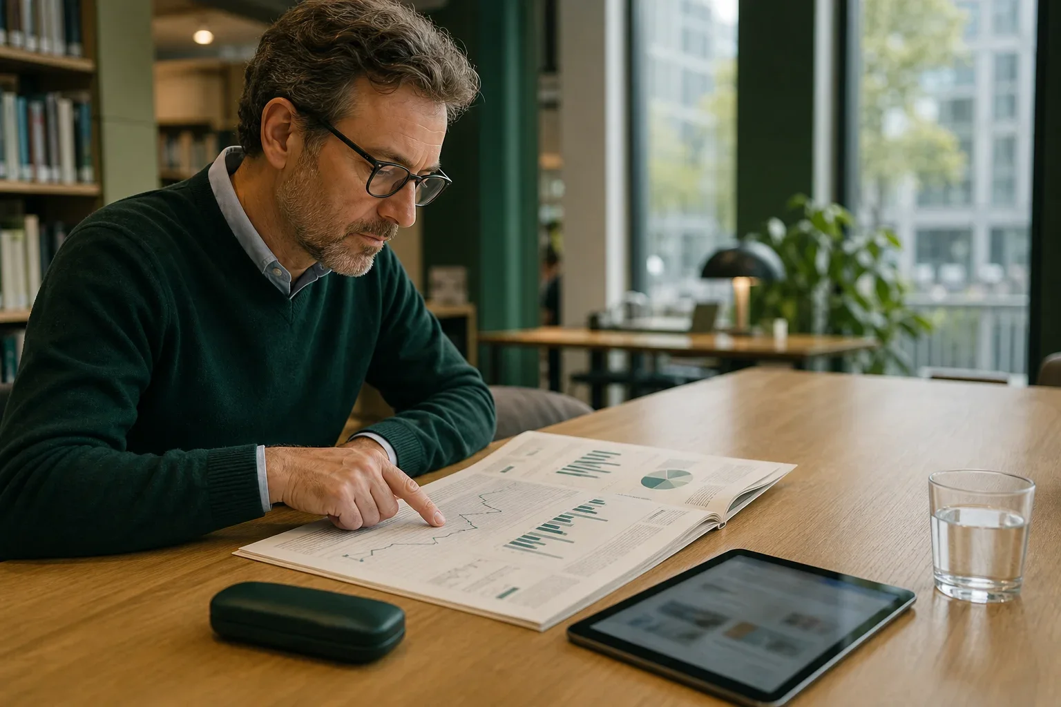 Welke signalen maken aandelen nieuws relevant?: Een volwassen lezer zit alleen aan de lange tafel, gezien schuin van opzij, met een open kwaliteitskrant of tijdschrift voor zich en een tablet plat op tafel; een eenvoudige analen; De lezer v