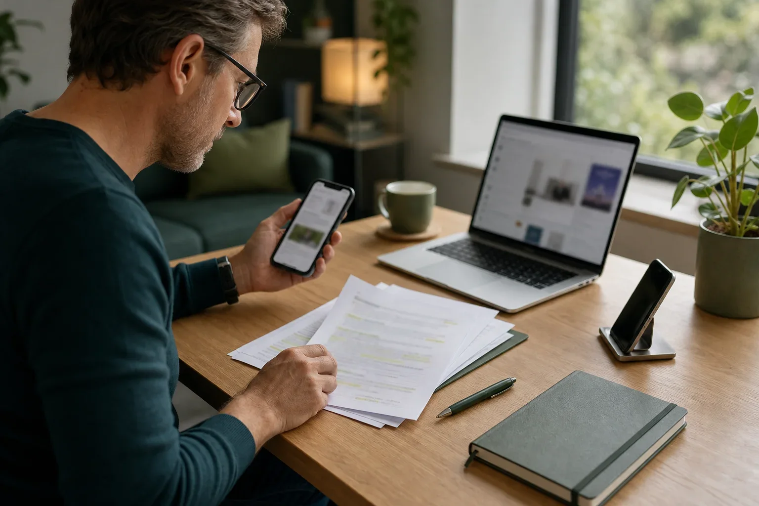 Beleggingsnieuws selecteren zonder de hoofdlijn kwijt te raken: Een volwassen lezer zit in zijaanzicht aan het bureau. Op het werkblad liggen een gesloten notitieboek, enkele geordende losse vellen en een smartphone op een standaard; een la
