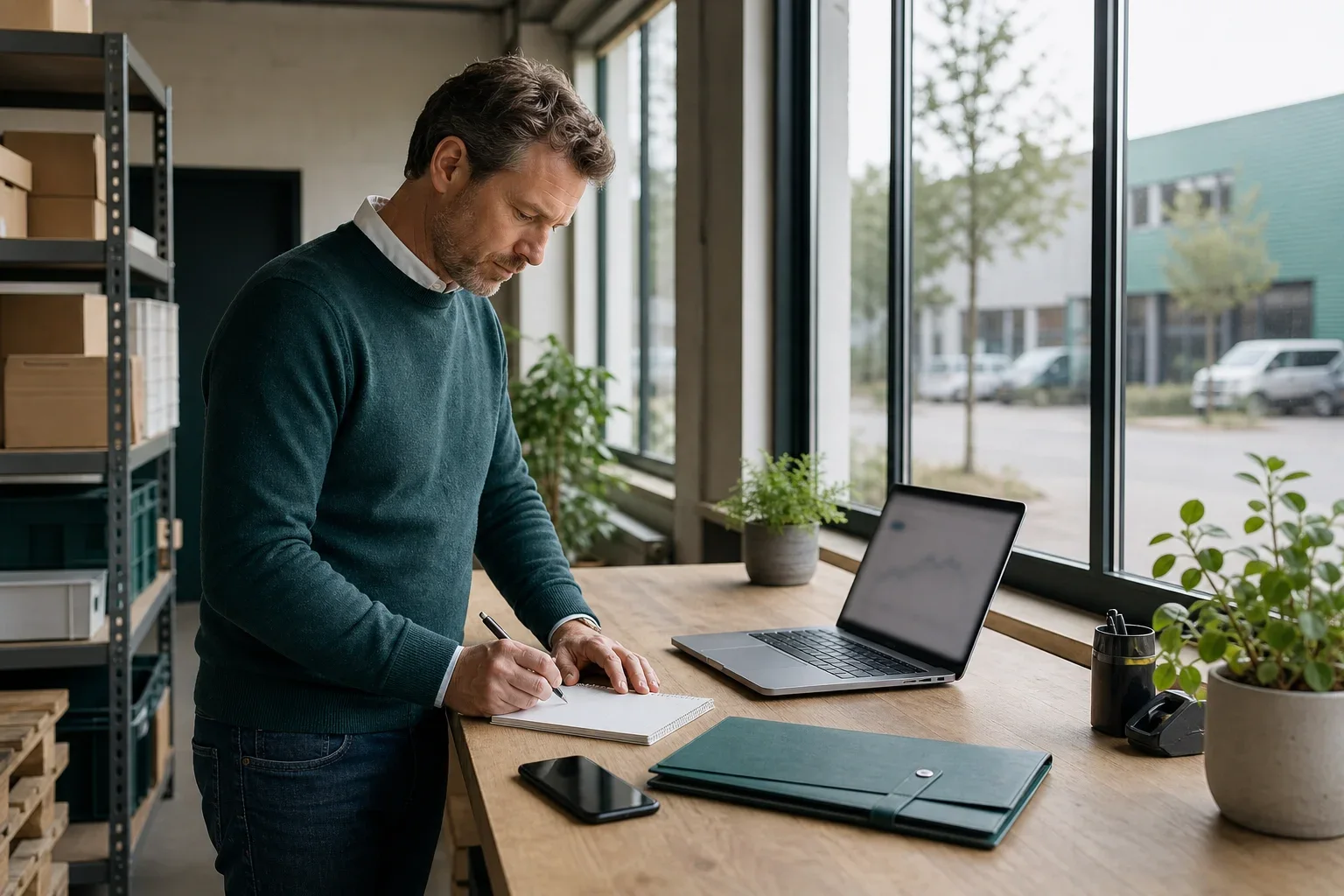 Renteontwikkeling Nederland voor beleggers en ondernemers: Een volwassen ondernemer staat in driekwartprofiel bij een hoge werkbank, met een gesloten laptop, een eenvoudige donkerpetrolgroene documentmap en een smartphone op het werkblad.;